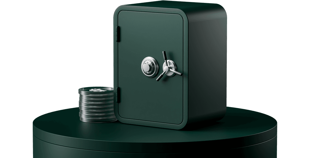 A dark green safe with a combination lock and handle, placed on a round platform, next to a stack of coins.