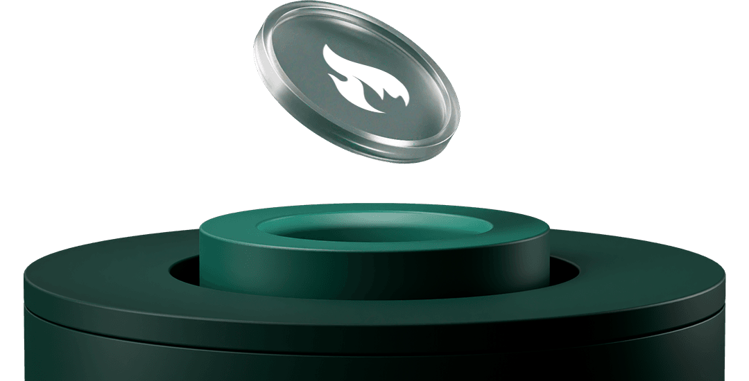 A dark green cylindrical container with a transparent lid featuring a white flame logo, shown in mid-air above the container.