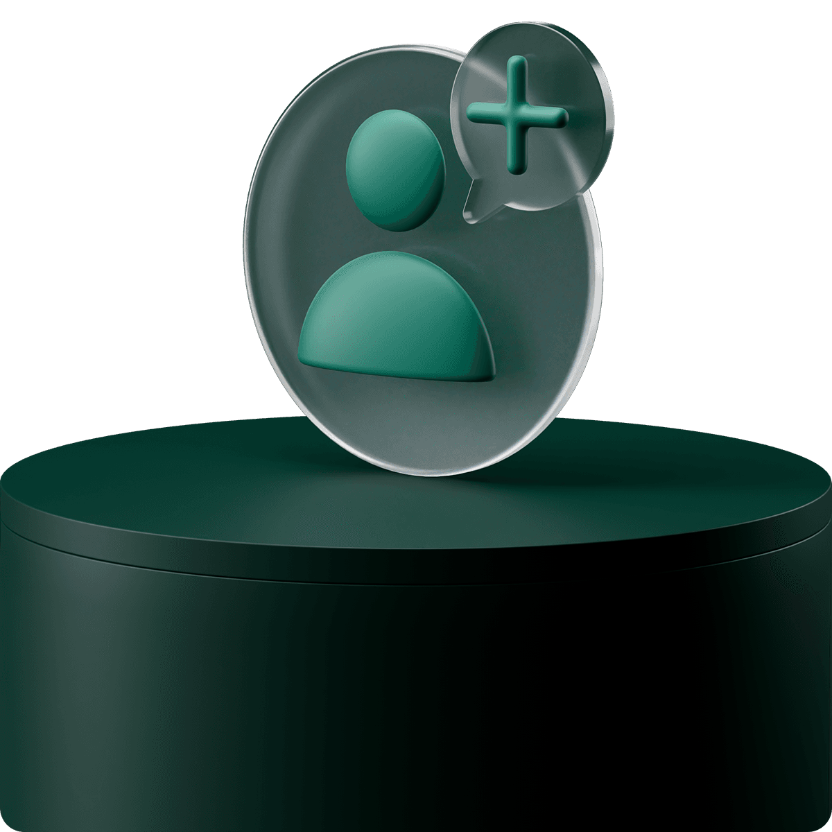 3D icon of a person symbol with a plus sign in a speech bubble, on a dark green cylindrical platform.