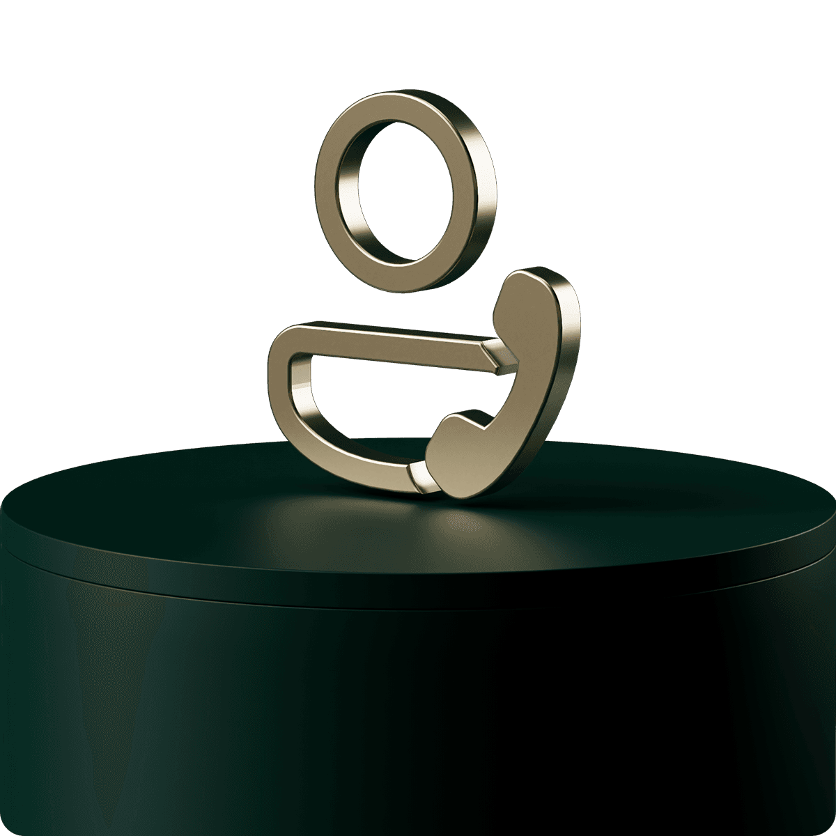 Gold abstract figure resembling a person on a dark green pedestal, set against a black background.
