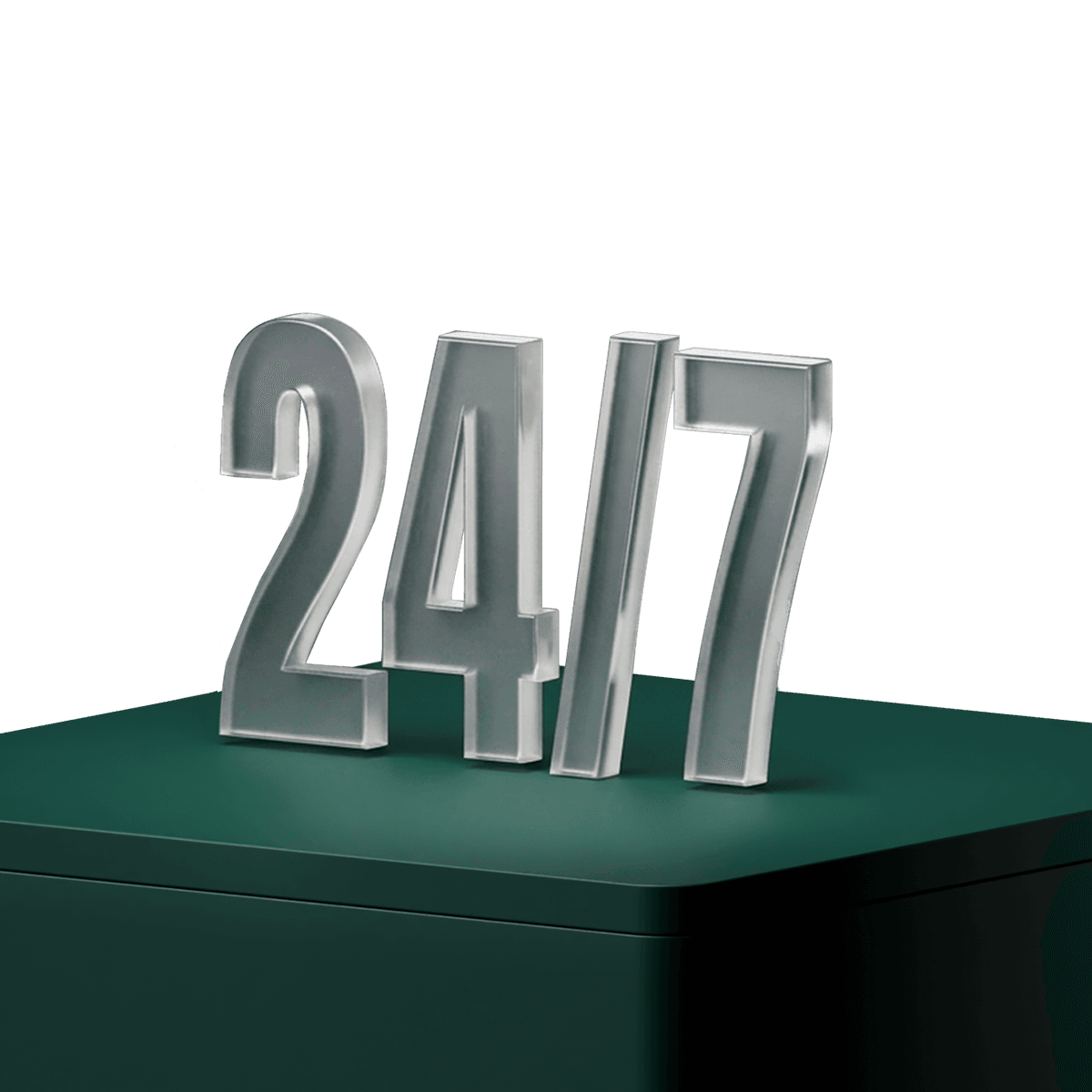 Silver 3D “24/7” standing on a dark green rectangular platform against a plain background.