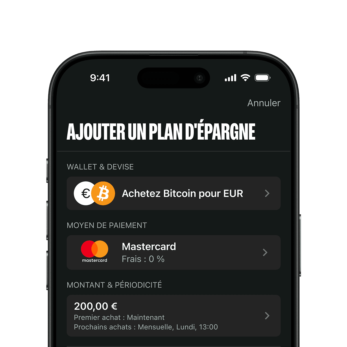 Smartphone screen showing a savings plan setup for buying Bitcoin with EUR via Mastercard. Initial buy of 200.00€, with monthly frequency.