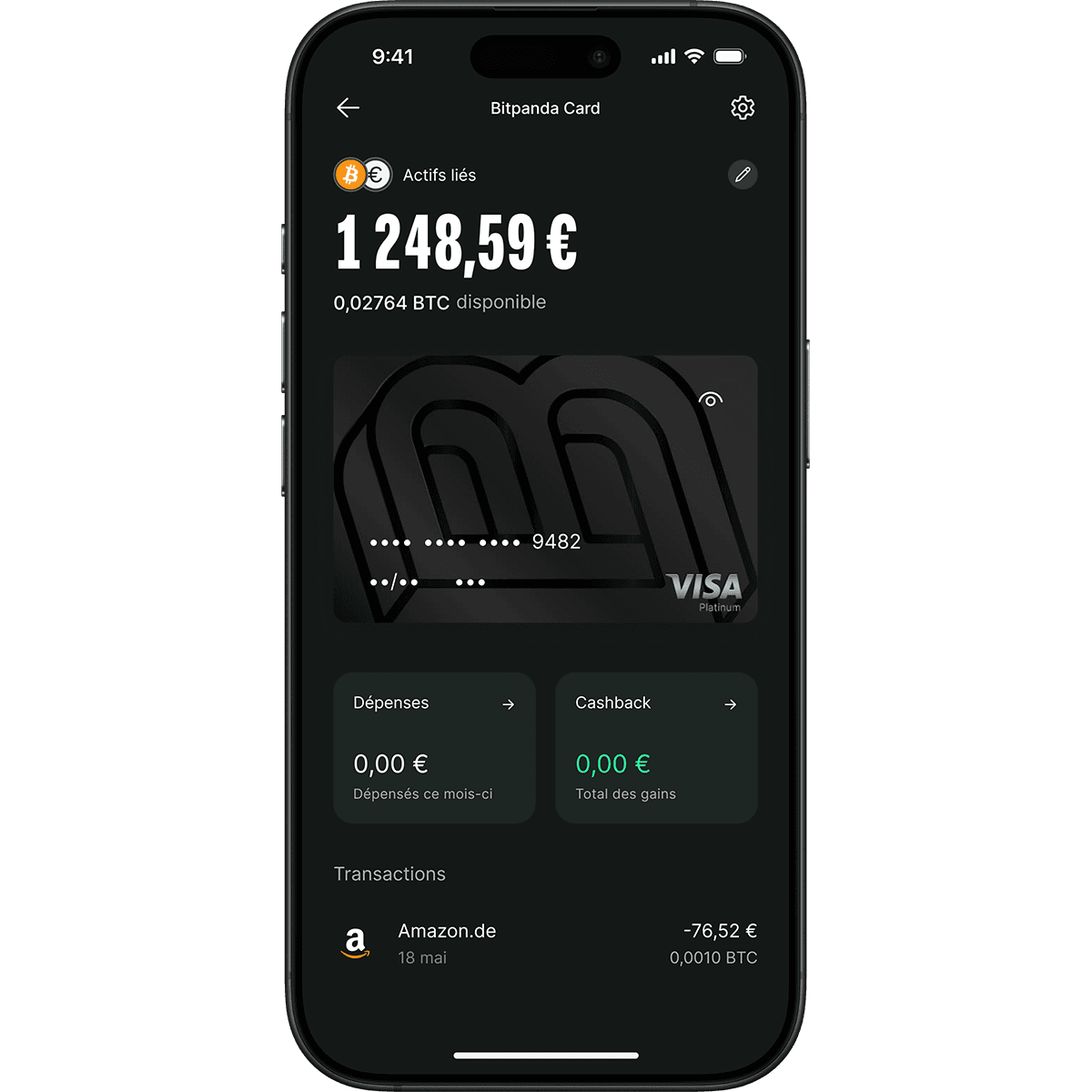 Smartphone screen displaying a Bitpanda card app with linked assets, balance in euros and BTC, expenses, cashback, and recent transactions.