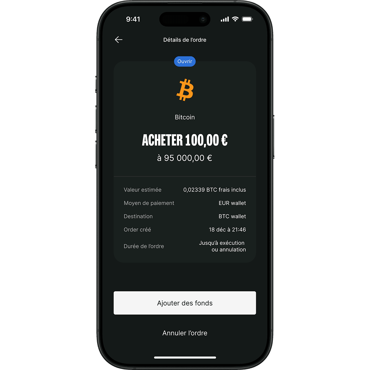 Smartphone screen showing a Bitcoin purchase order for 100,00 € at 95,000.00 €, with options to fund wallet or cancel order.
