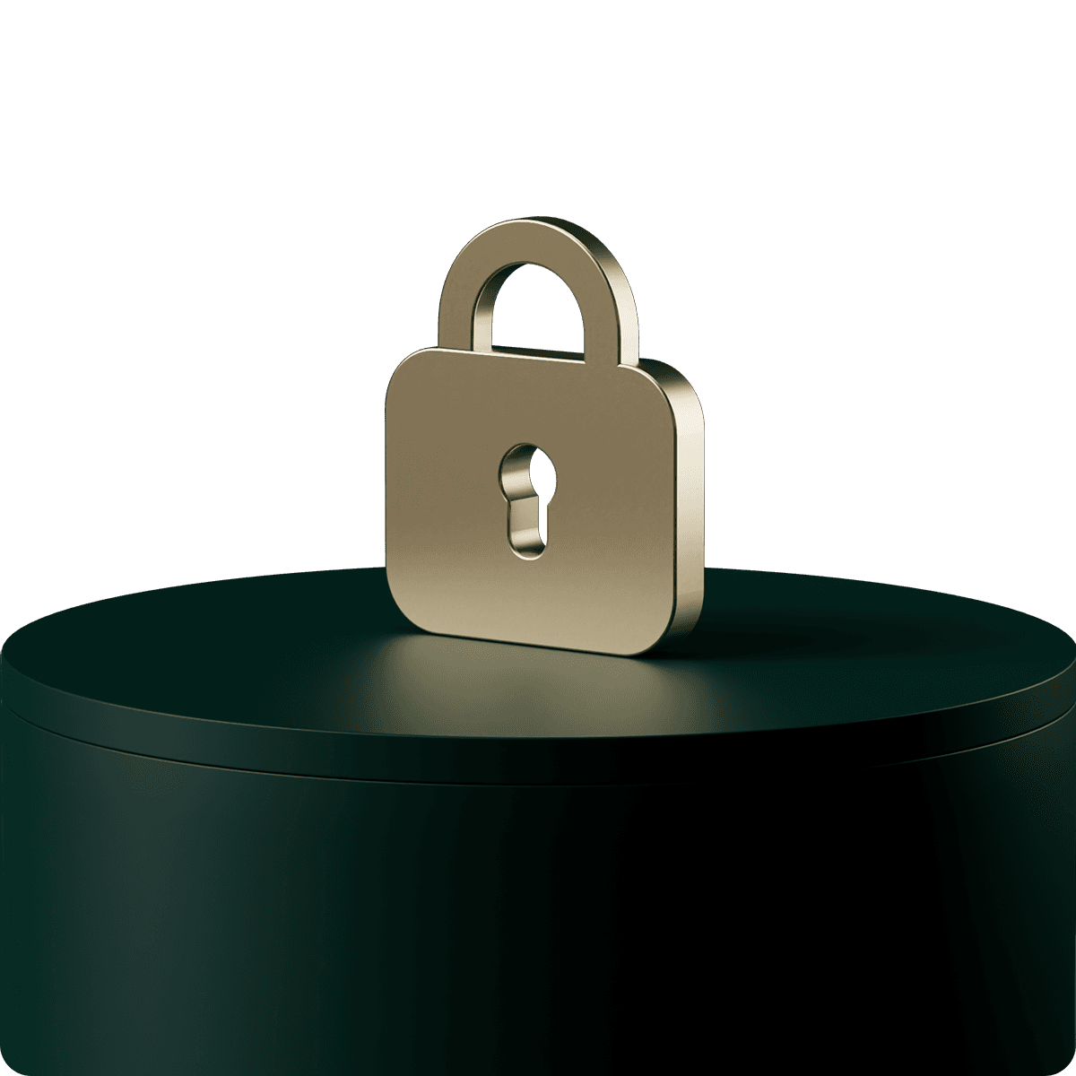 A gold padlock standing upright on a dark green circular platform against a black background, symbolizing security and protection.