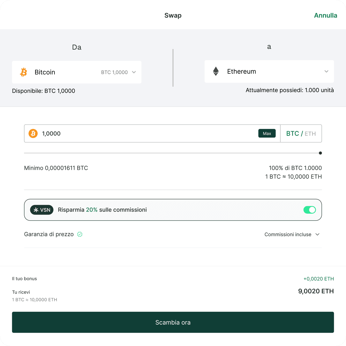 Cryptocurrency swap interface showing conversion from 1 Bitcoin to Ethereum, with details on exchange rate, fees, and bonus.