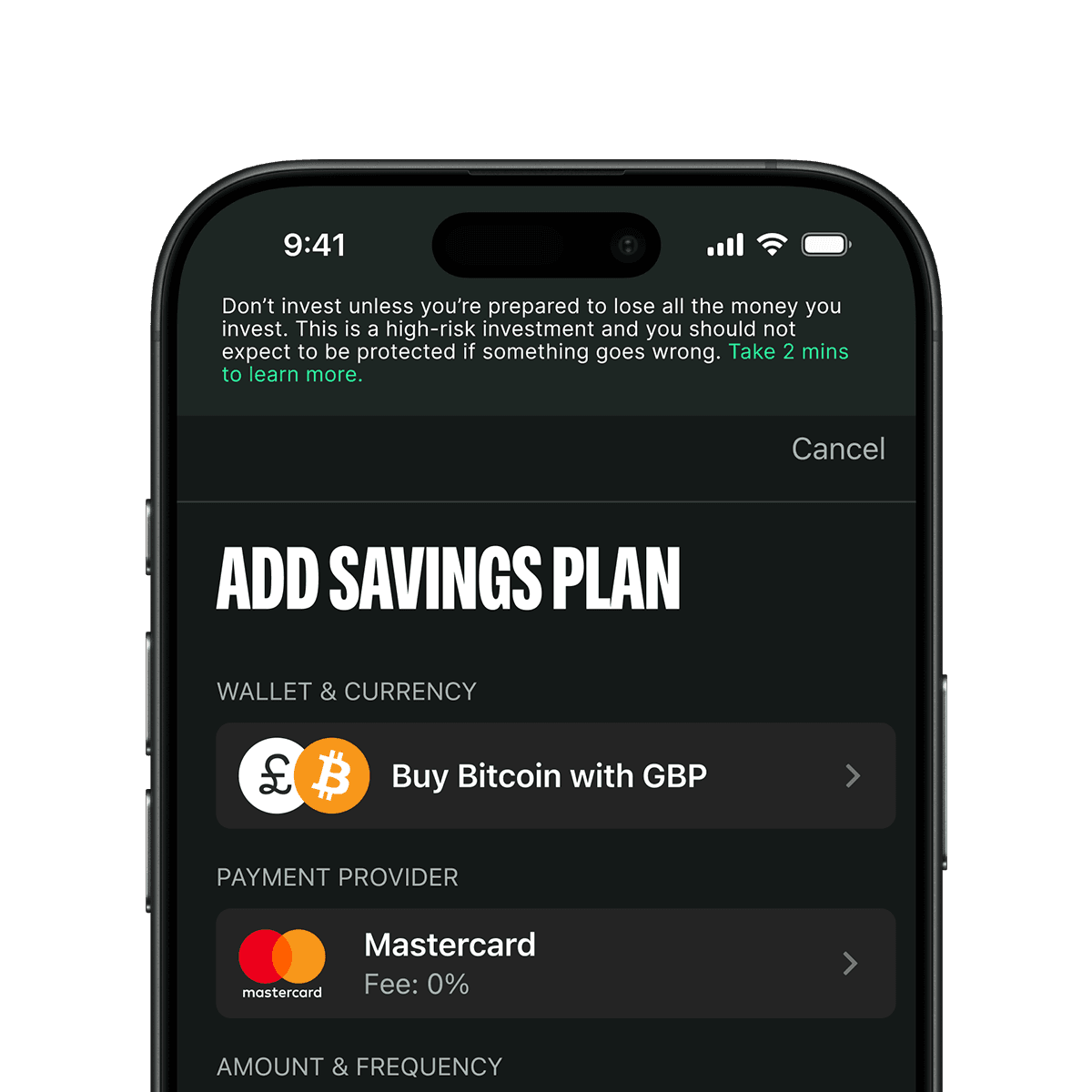 Smartphone screen displaying a financial app with options to buy Bitcoin with GBP and pay via Mastercard. Warning about investment risks is shown.