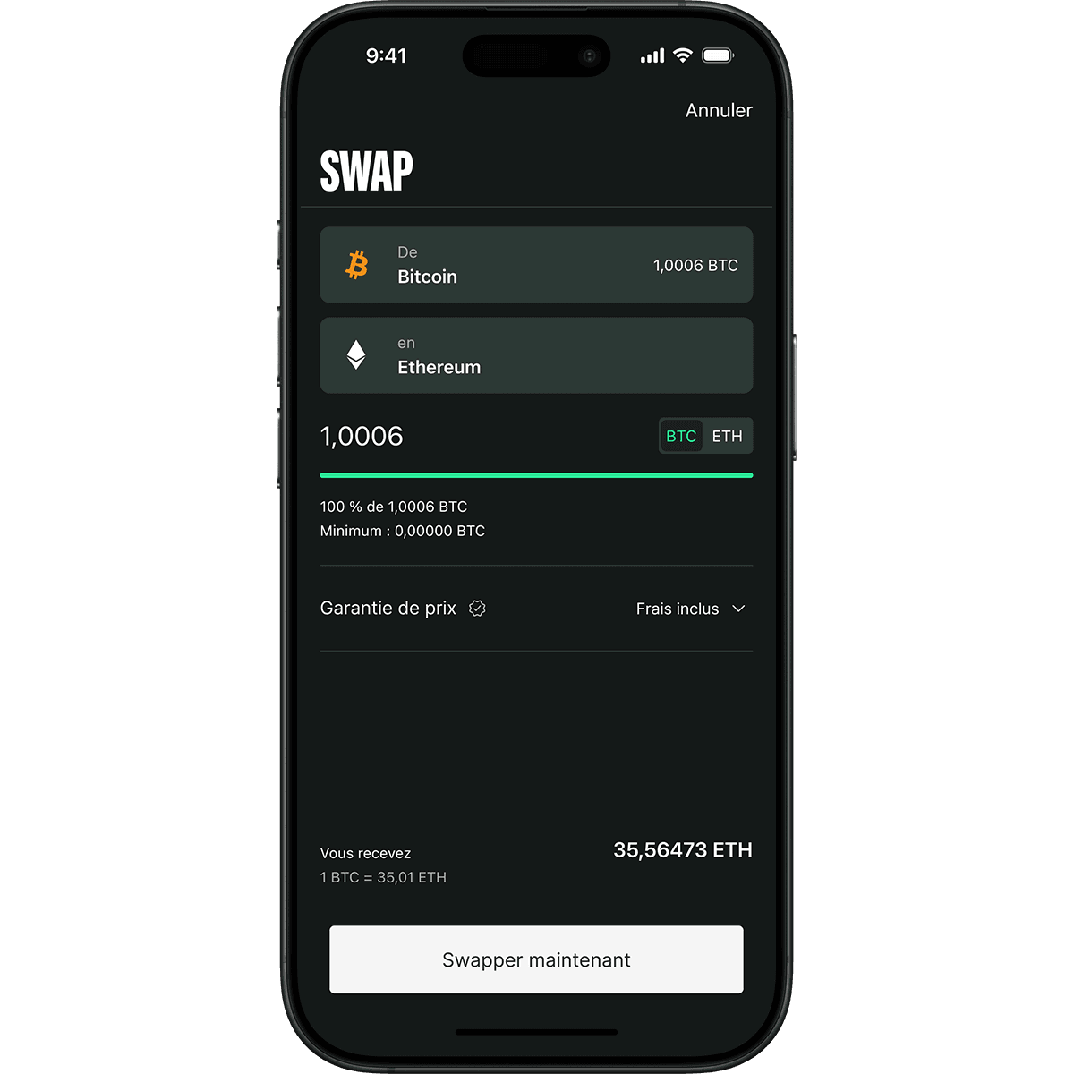 Smartphone screen displaying a cryptocurrency swap interface, showing 1.0006 BTC to Ethereum exchange with price guarantee and fees included.