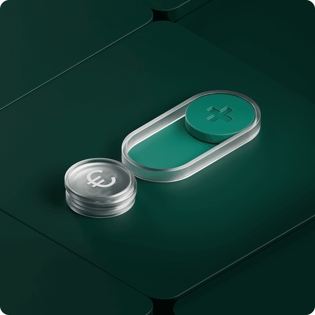 A clear coin with a Euro symbol next to a green, pill-shaped object with a plus sign, on a dark green geometric background.