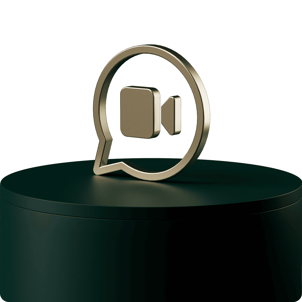 A gold video camera icon inside a speech bubble stands on a dark green cylindrical platform against a black background.