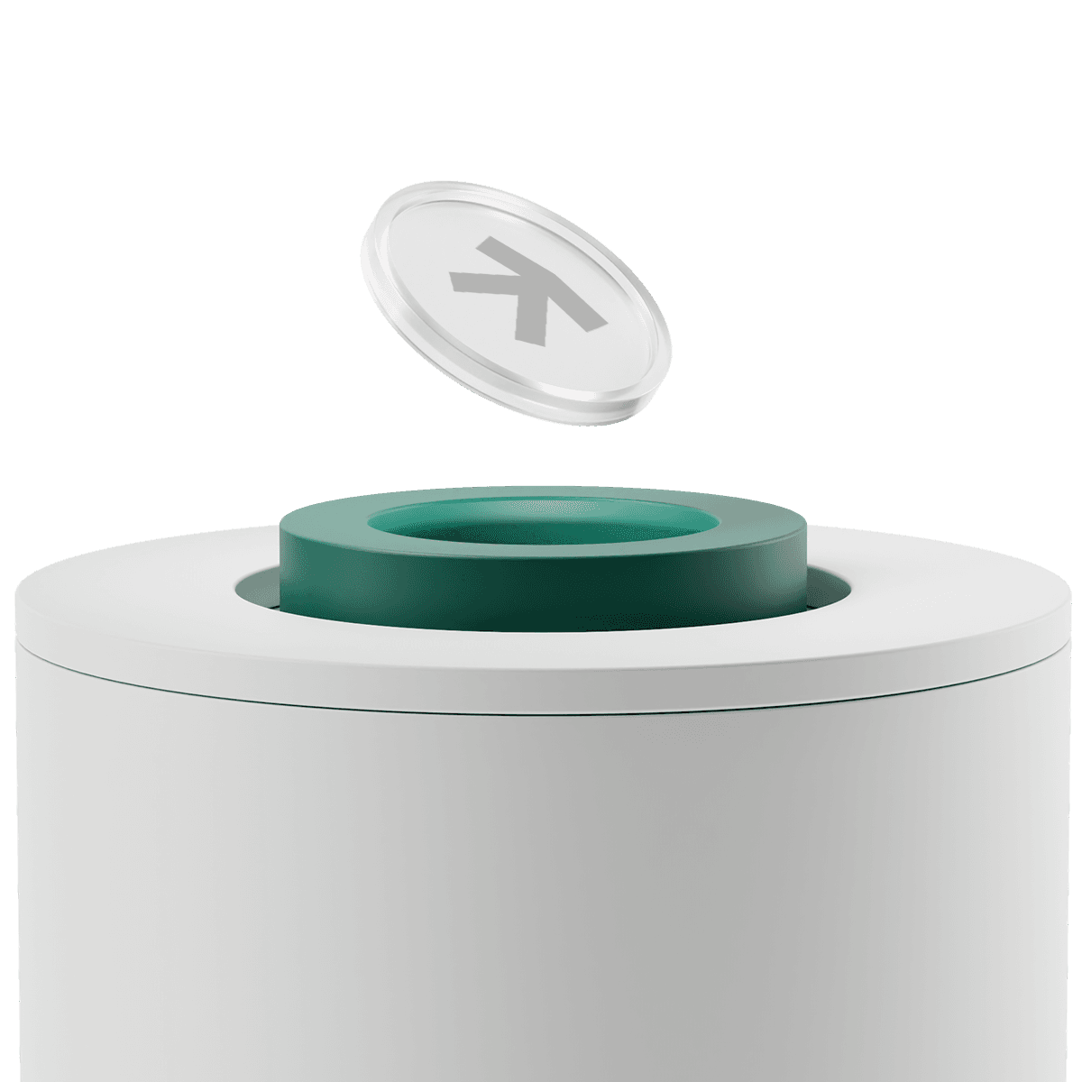 A cylindrical white container with a green rimmed opening, and a transparent lid with an arrow symbol, floating above it.