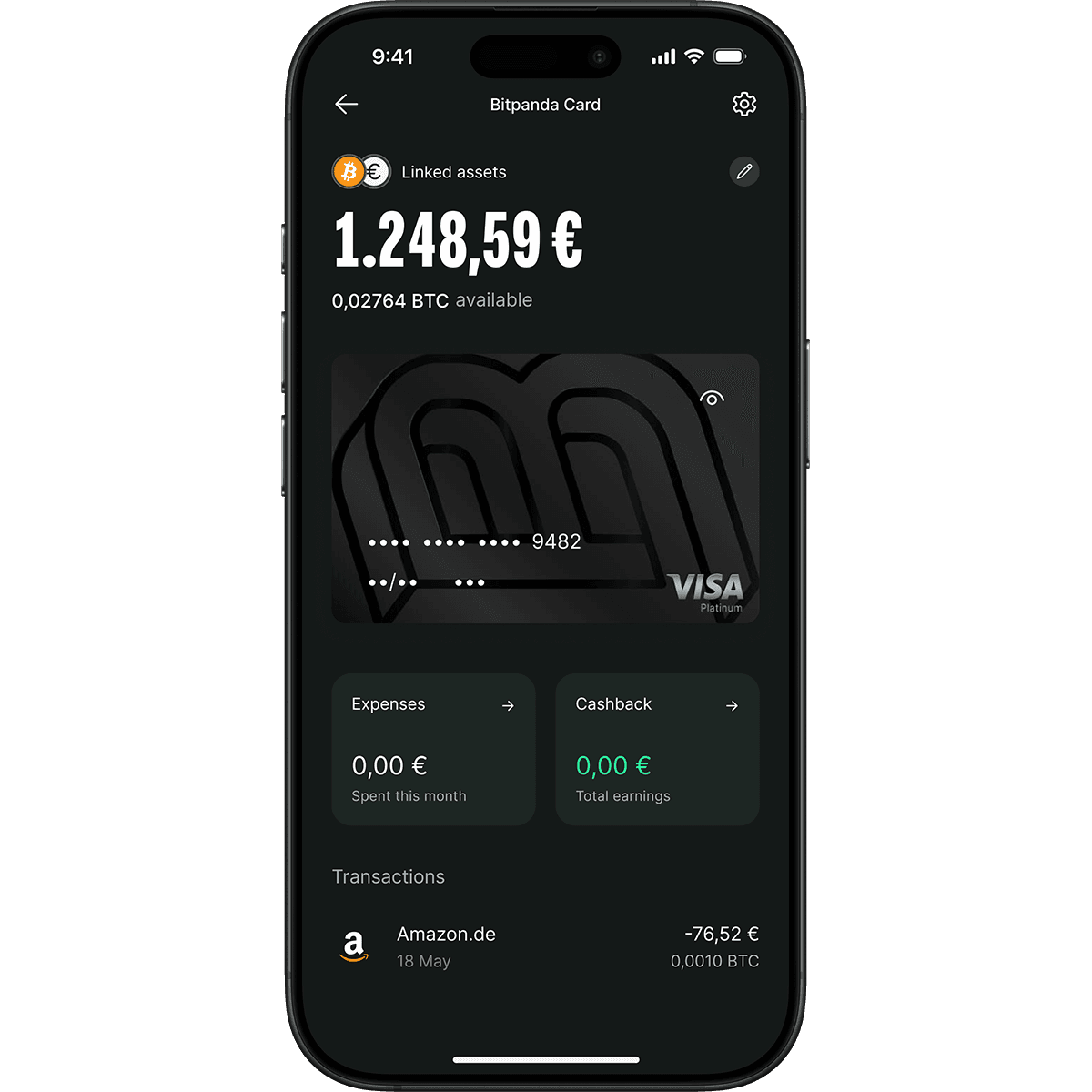 Smartphone screen displaying a Bitpanda card app with linked assets, balance in euros and BTC, expenses, cashback, and recent transactions.