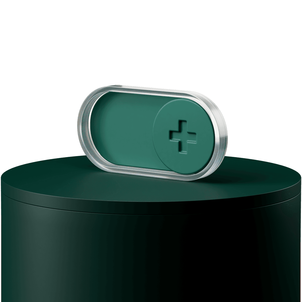 A small, oval, green container with a transparent lid and a cross symbol sits on a matching cylindrical pedestal.