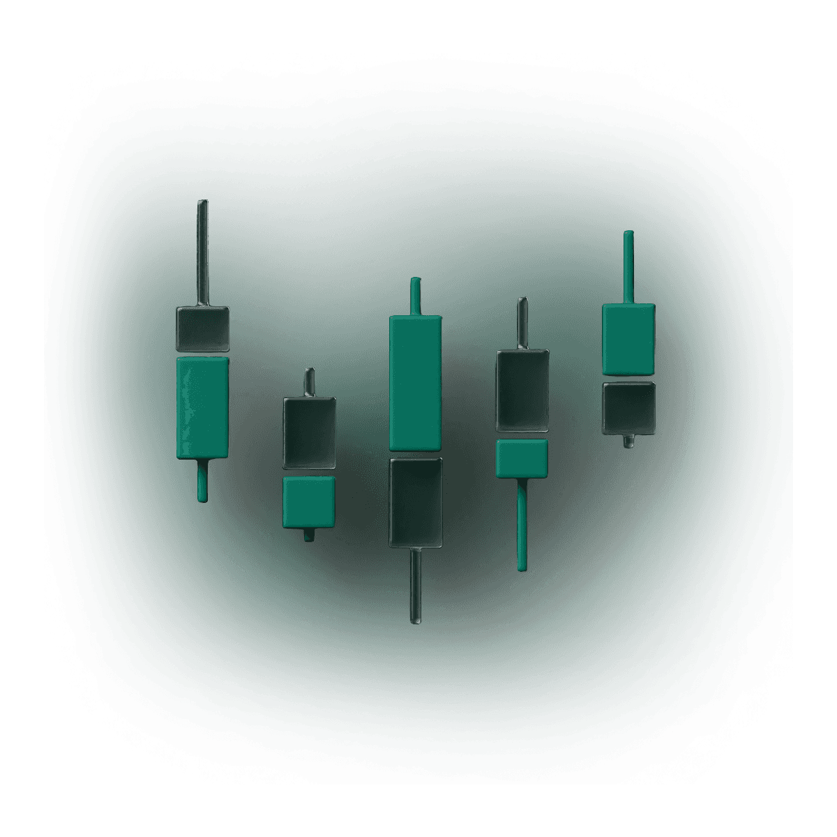 Minimalist 3D teal candlestick chart icons on a dark green background, symbolizing financial data or stock market trends.