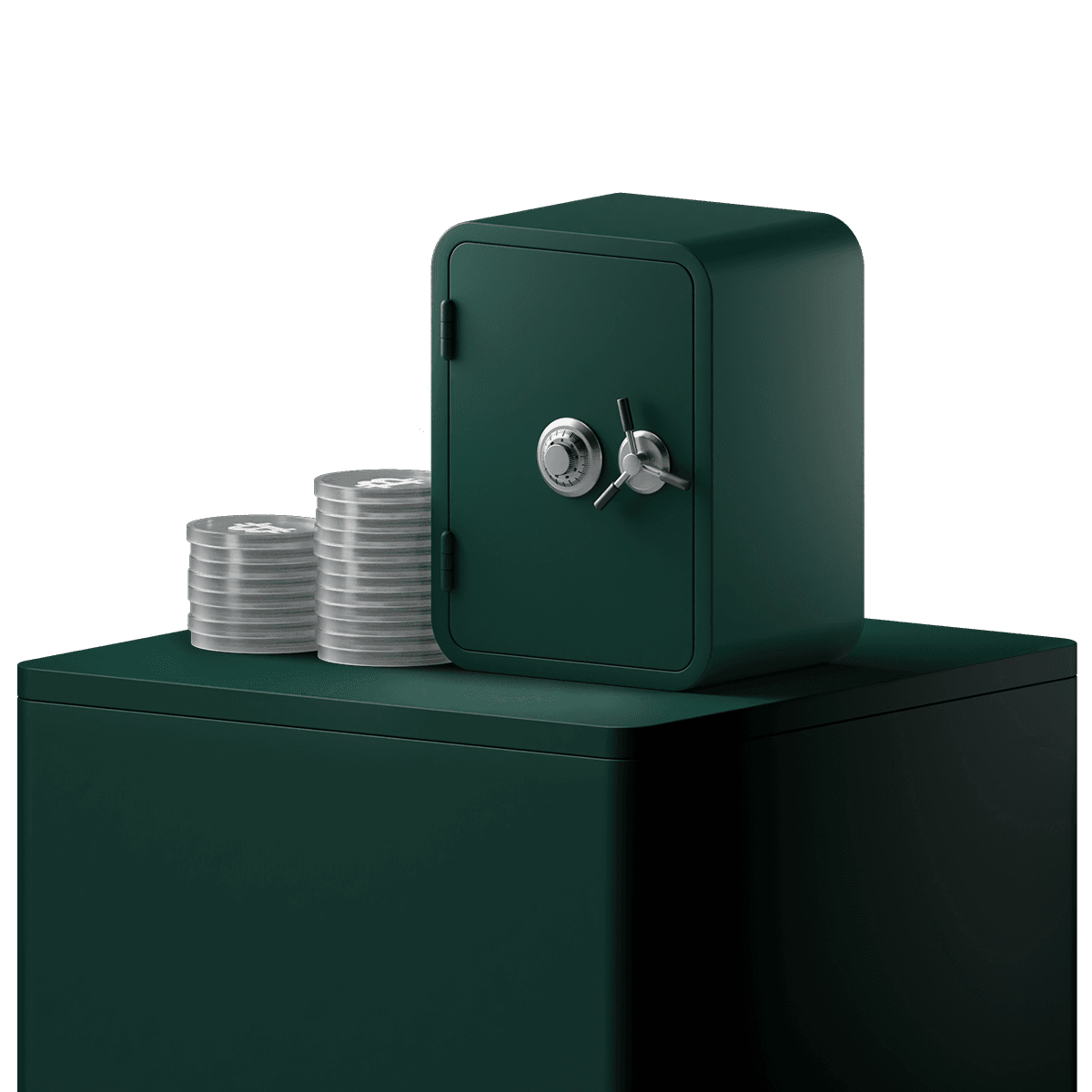 A green safe with a combination lock sits on a table next to neatly stacked silver coins.