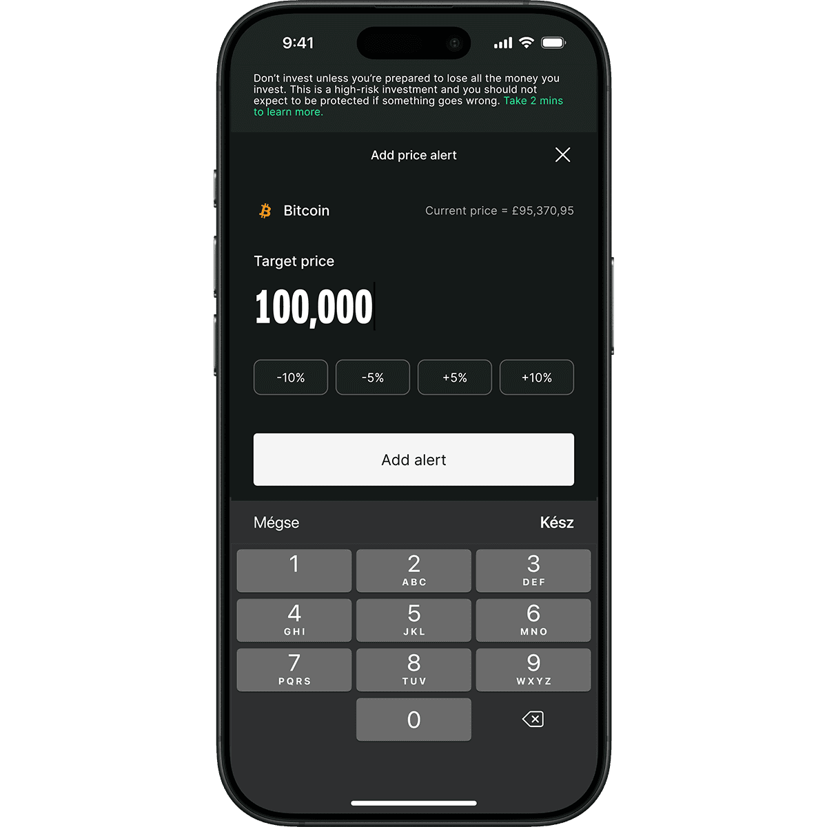Smartphone screen showing a Bitcoin price alert setup. Target price is 100,000 with options to adjust by ±5%.
