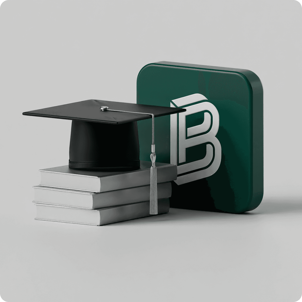 Graduation cap on stacked books beside a green square icon with a stylized white “B” logo.