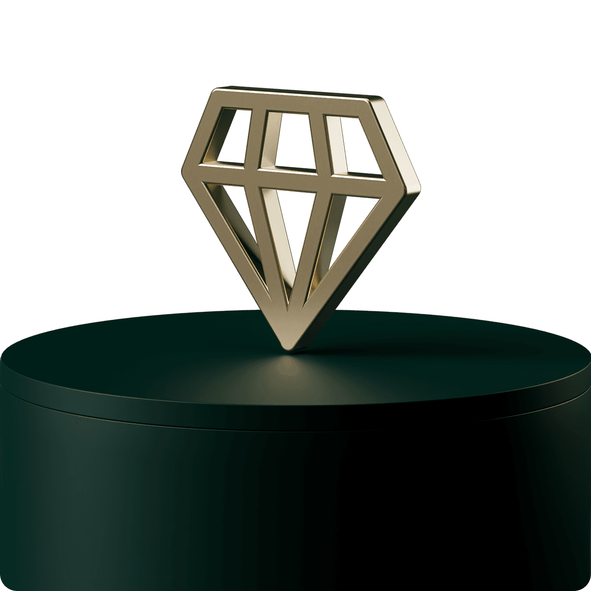 A gold geometric diamond shape stands on a dark green cylindrical pedestal against a black background.