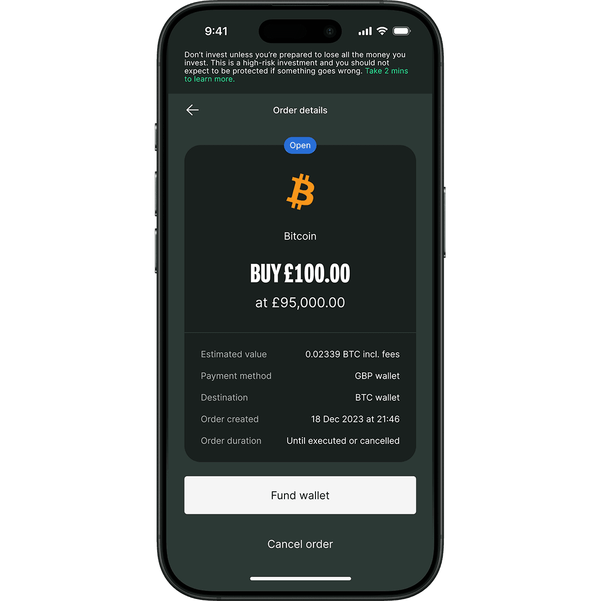 Smartphone screen displaying a Bitcoin purchase order for £100 at £95,000 per Bitcoin. Options to fund wallet or cancel order are visible.