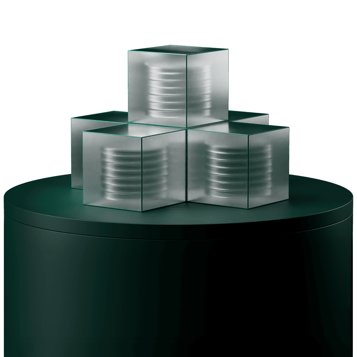 Transparent cubes with circular patterns inside, stacked on a dark cylindrical pedestal against a black background.