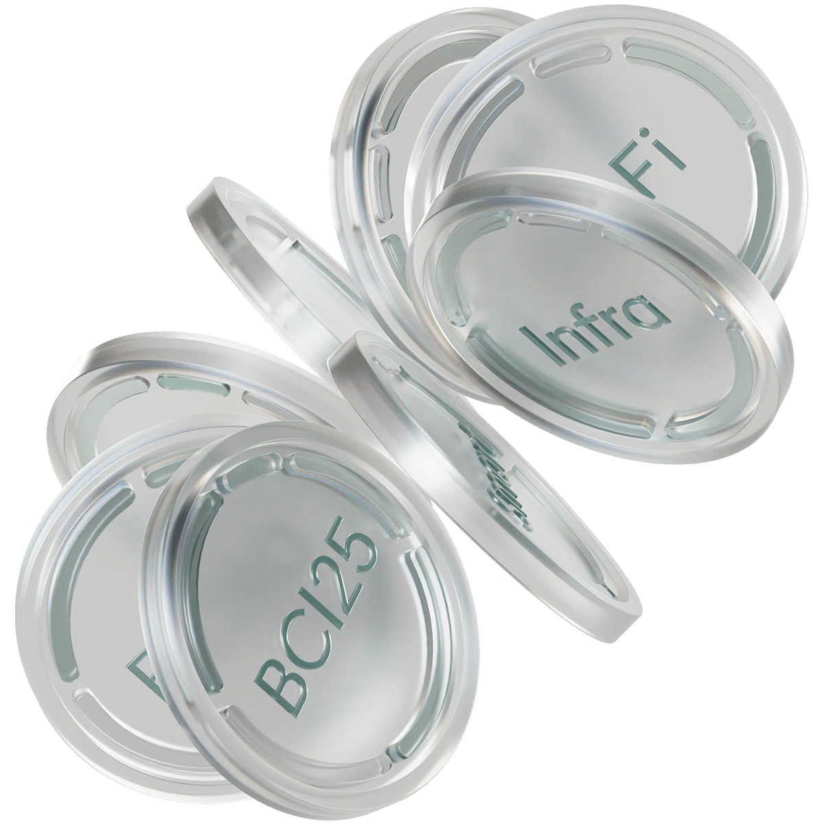 Transparent round containers with green text labels reading "Fi," "Infra," and "BCI25," stacked and overlapping.