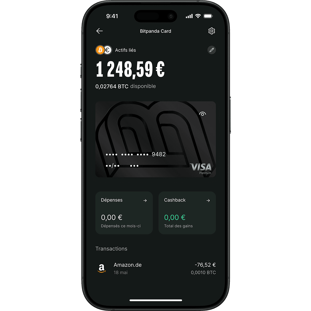 Smartphone screen displaying a financial app with a balance of €1,248.59, linked Bitcoin assets, and recent transactions, including Amazon.de.