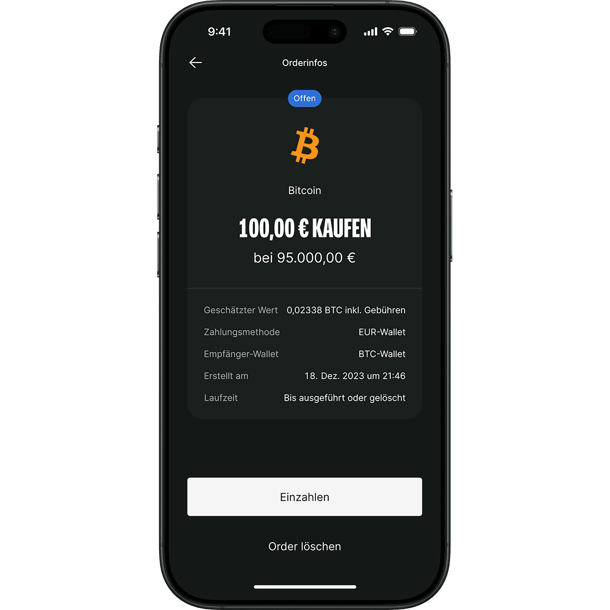 Smartphone screen showing a Bitcoin purchase order for 100,00 € at 95,000.00 €, with options to fund wallet or cancel order.