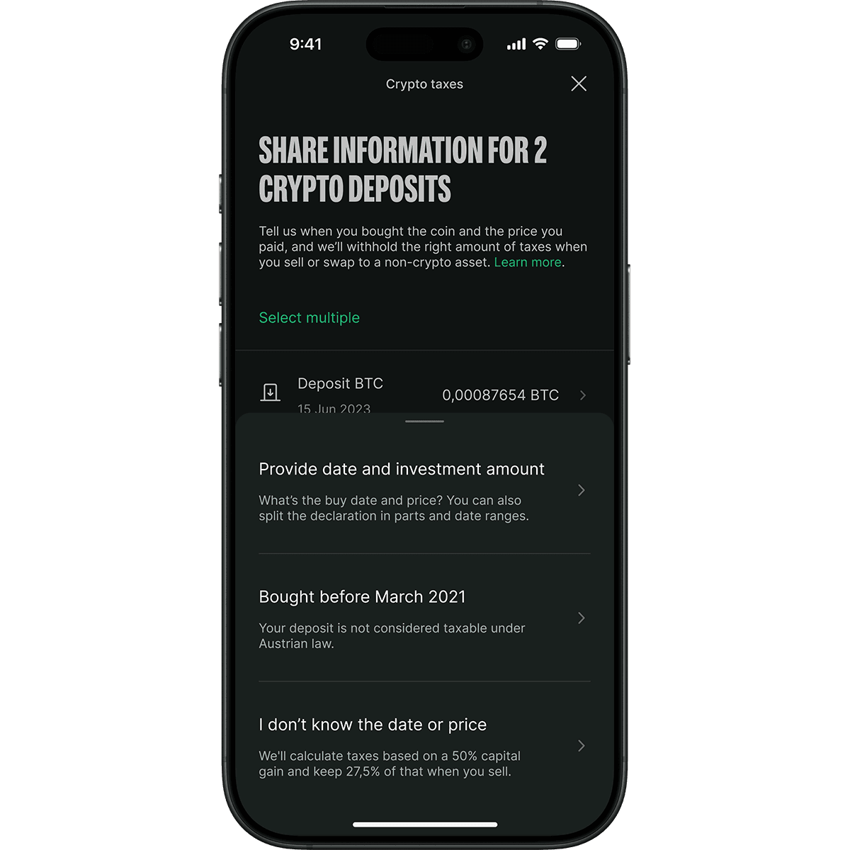Smartphone screen displaying a crypto tax app interface, showing deposit details for Bitcoin, with options for providing date and investment amount.