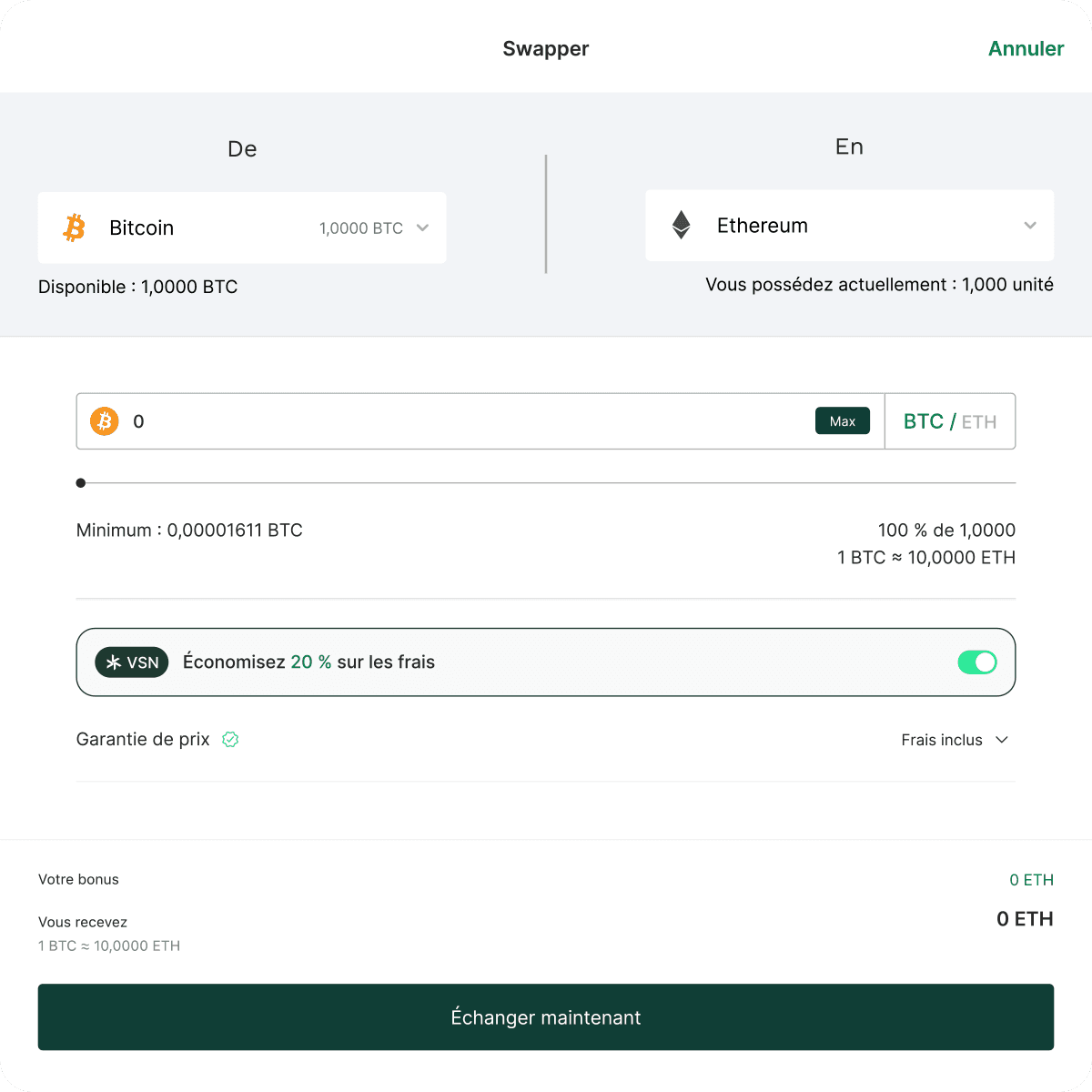 Cryptocurrency swap interface showing exchange from Bitcoin to Ethereum, with fields for amount and exchange rate details.