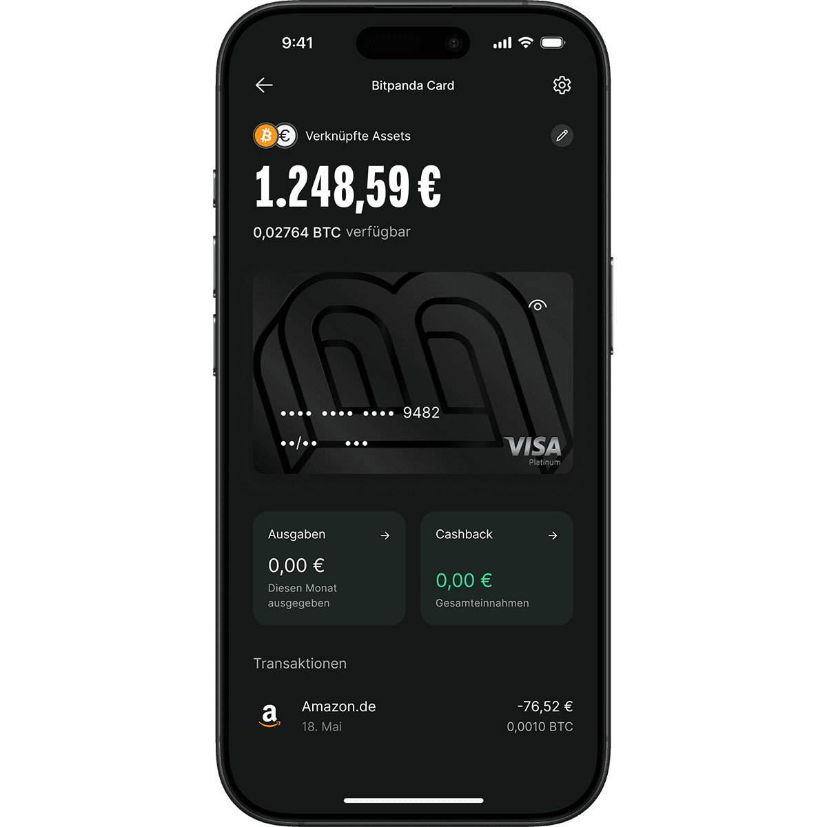 Smartphone screen displaying a Bitpanda card app with linked assets, balance in euros and BTC, expenses, cashback, and recent transactions.