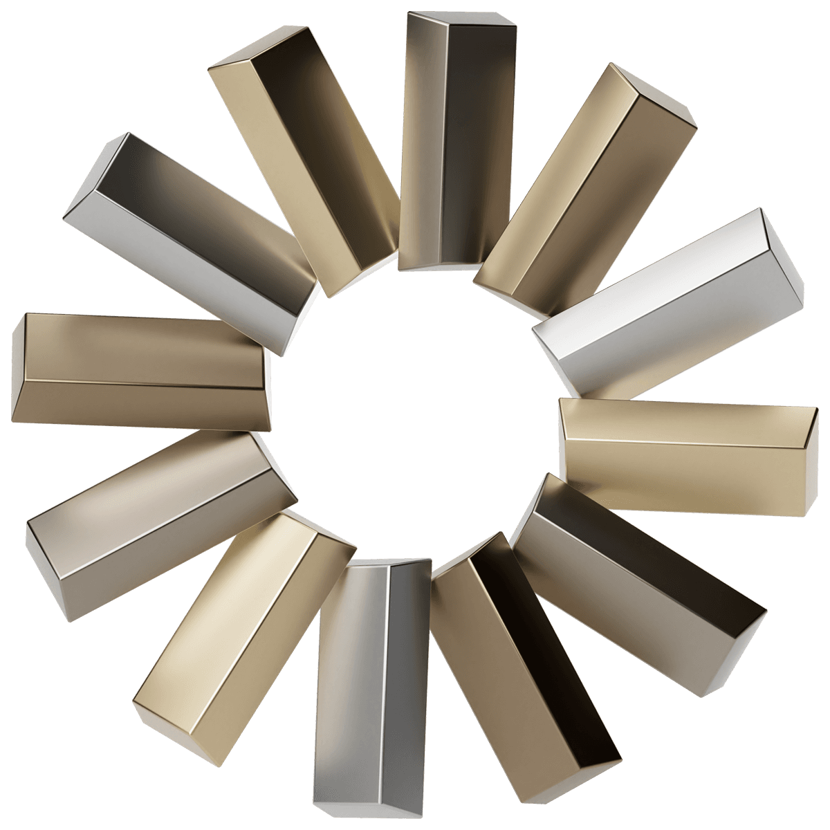 A circle of metallic gold and silver rectangular boxes arranged upright against a white background.