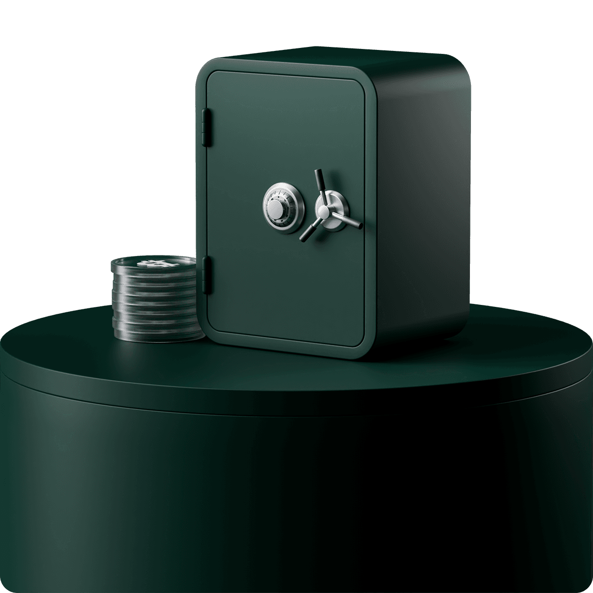 Green safe with bitcoins next to it on a green stand