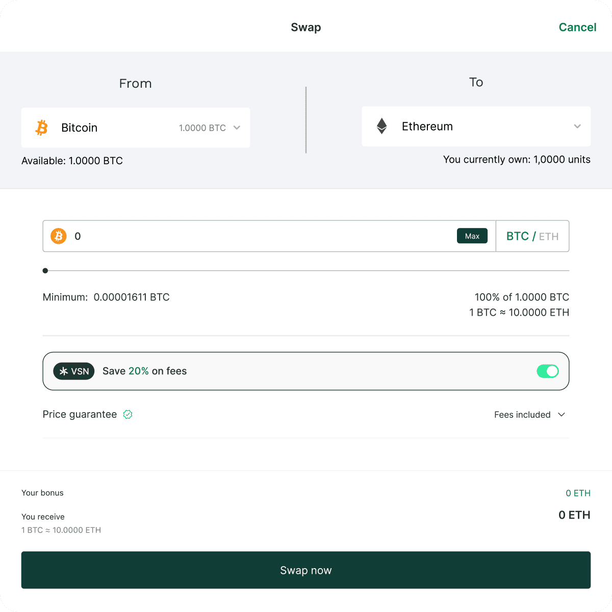 Cryptocurrency swap interface showing exchange from Bitcoin to Ethereum, with fields for amount and exchange rate details.