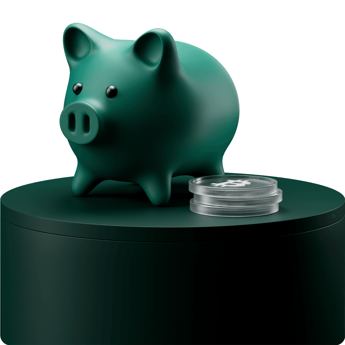 Green piggy bank on a dark green pedestal next to a stack of transparent coins, featuring a Bitcoin symbol on top.