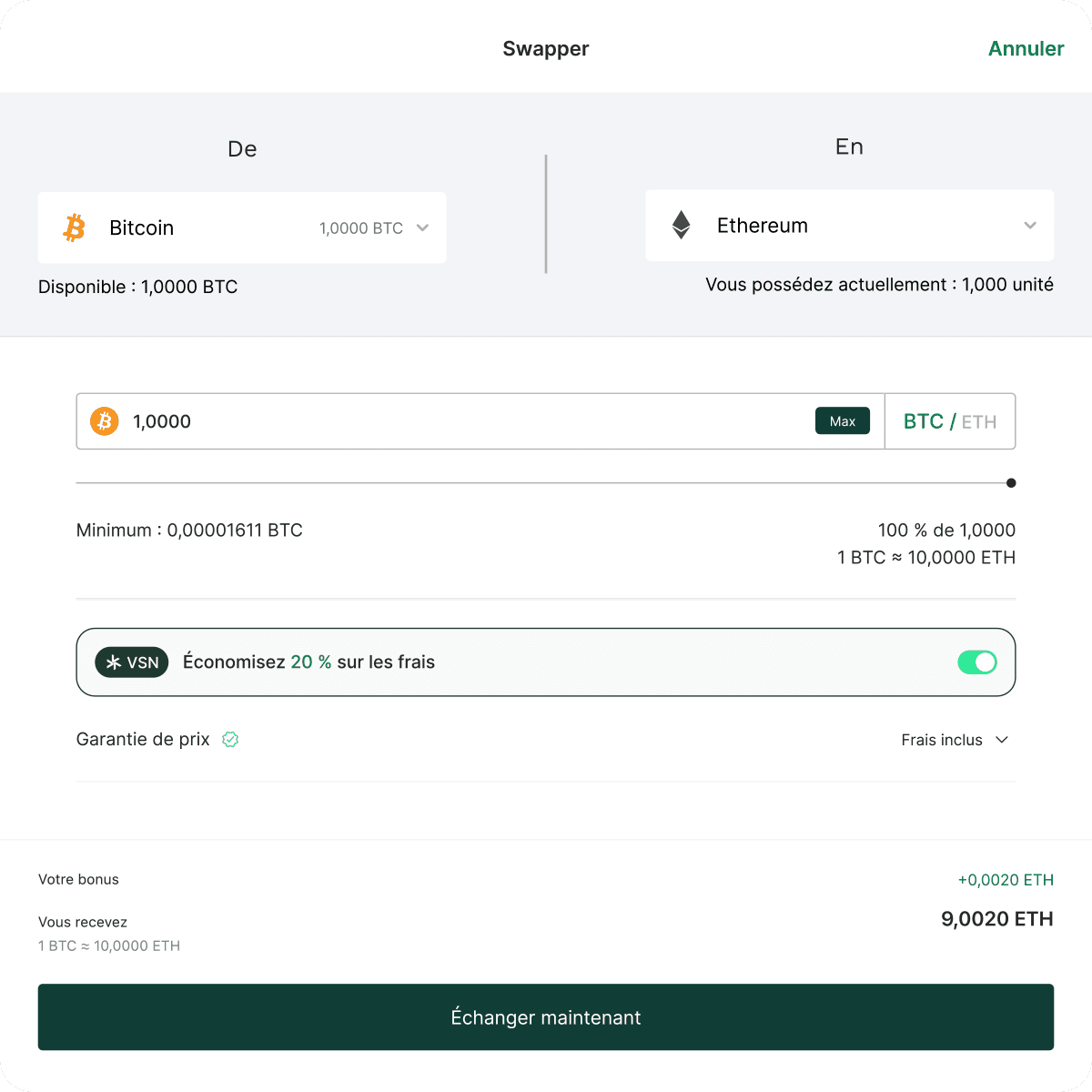 Cryptocurrency swap interface showing conversion from 1 Bitcoin to Ethereum, with details on exchange rate, fees, and bonus.