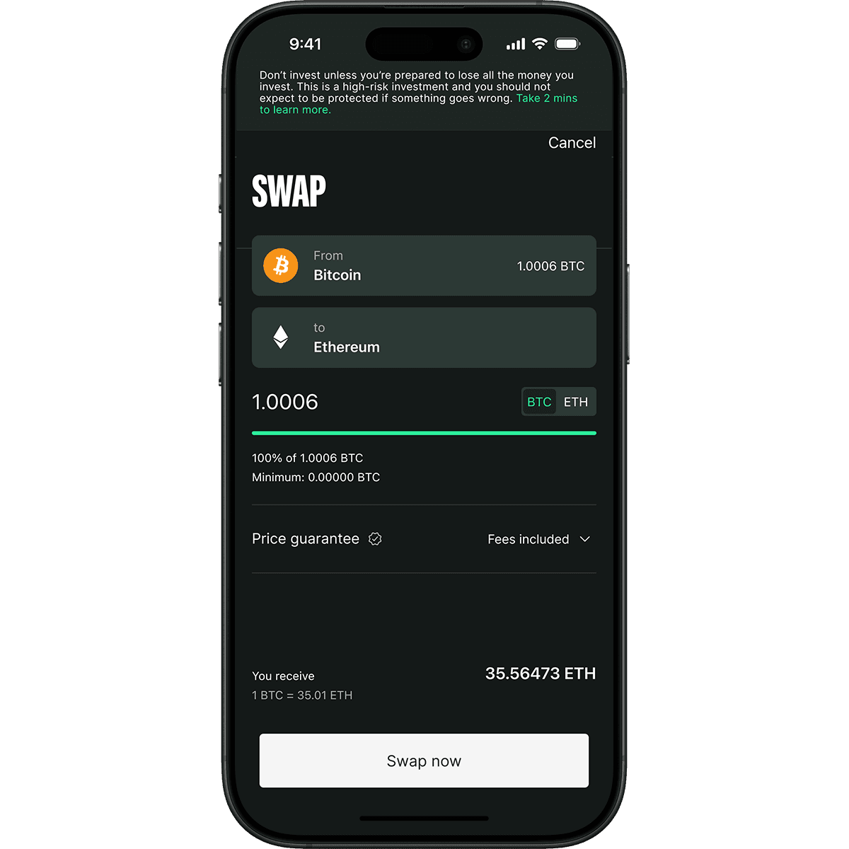 Smartphone screen displaying a cryptocurrency swap interface, showing 1.0006 BTC to Ethereum exchange with price guarantee and fees included.