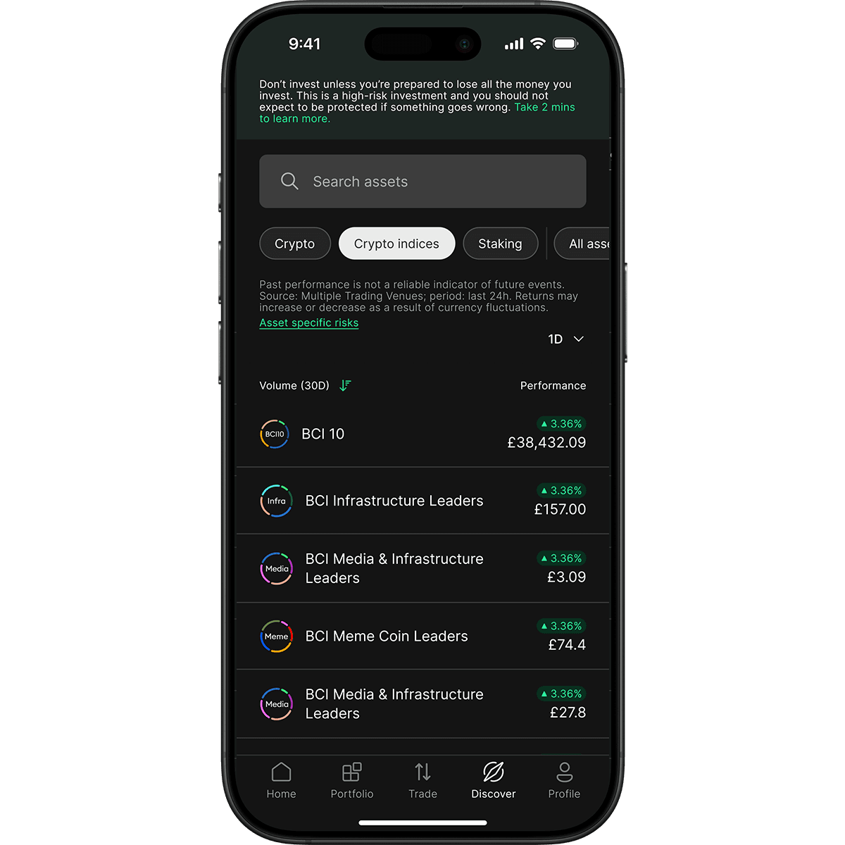 Smartphone screen displaying a crypto investment app interface with various crypto indices and their values, showing positive percentage changes.