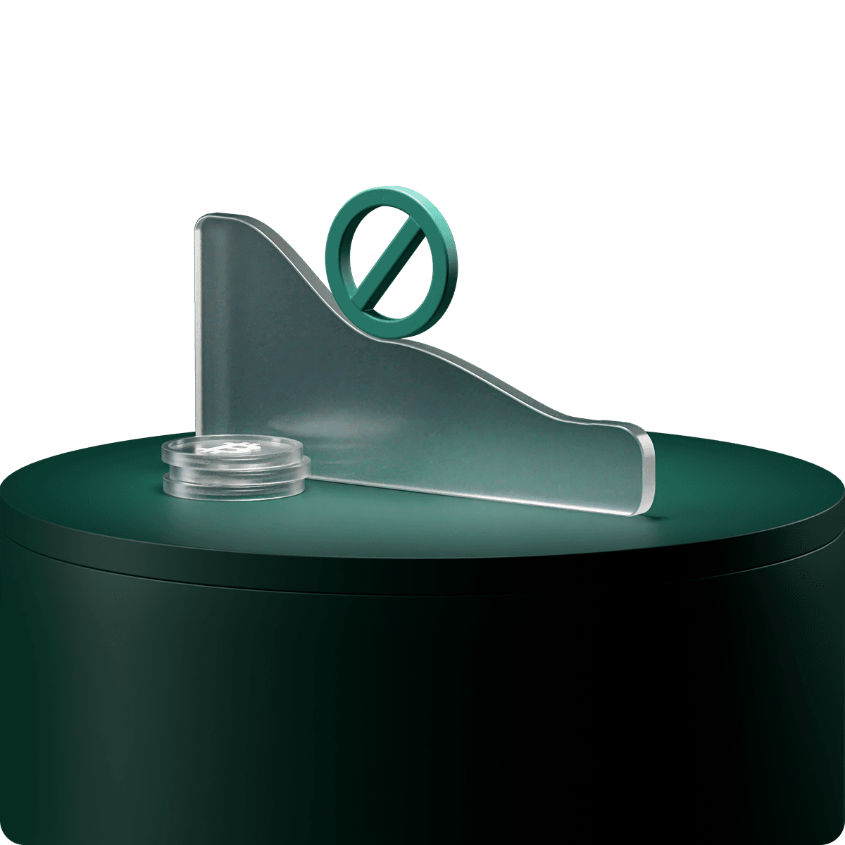 Transparent acrylic or glass sculpture on a dark green cylindrical base, featuring a curved shape and a circle with a diagonal line.