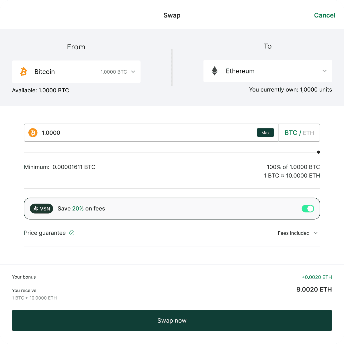 Cryptocurrency swap interface showing conversion from 1 Bitcoin to Ethereum, with details on exchange rate, fees, and bonus.