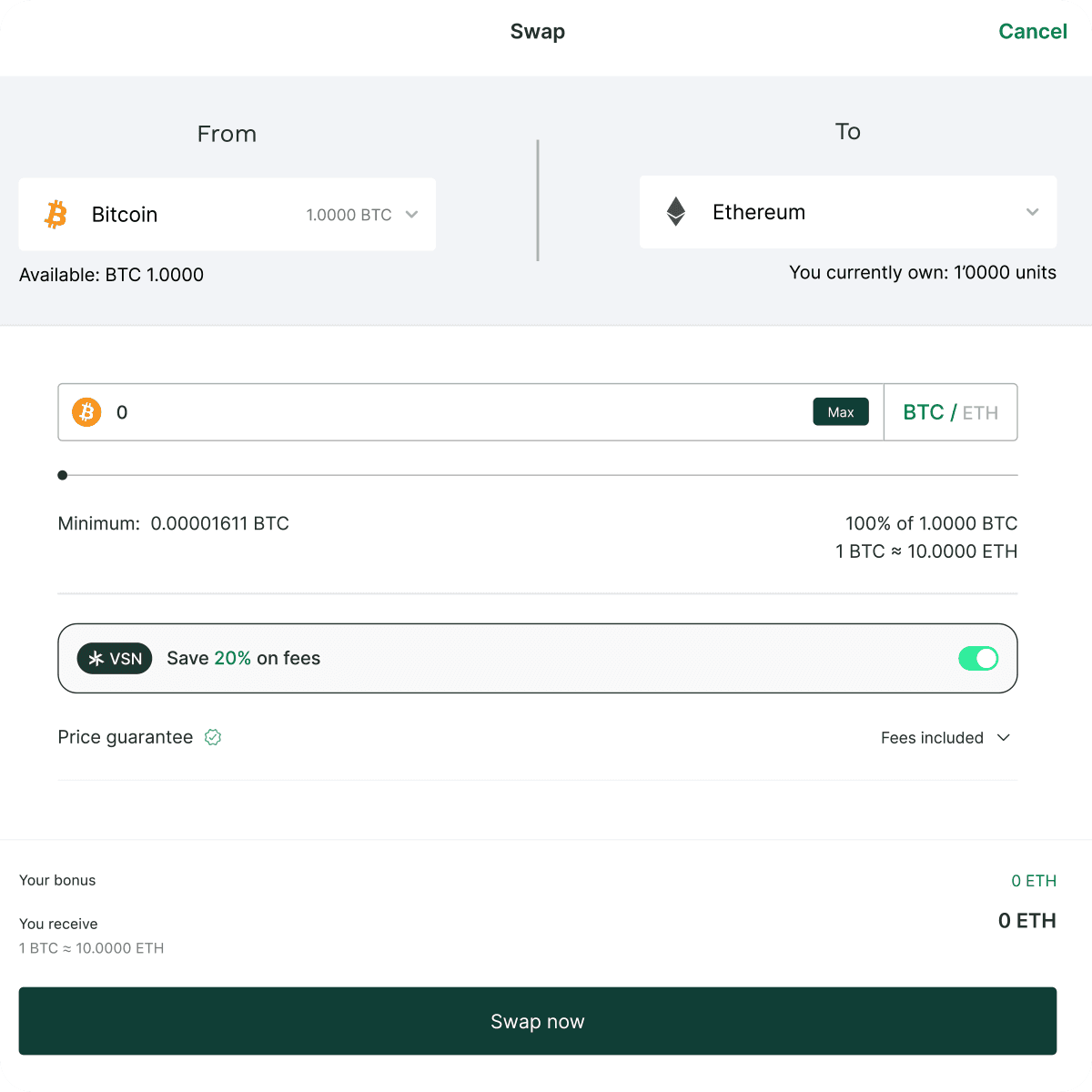 Cryptocurrency swap interface showing exchange from Bitcoin to Ethereum, with fields for amount and exchange rate details.