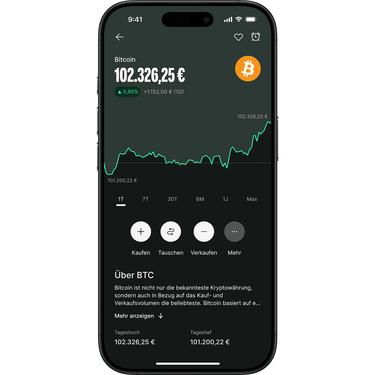 phone screen showing bitcoin tendancy