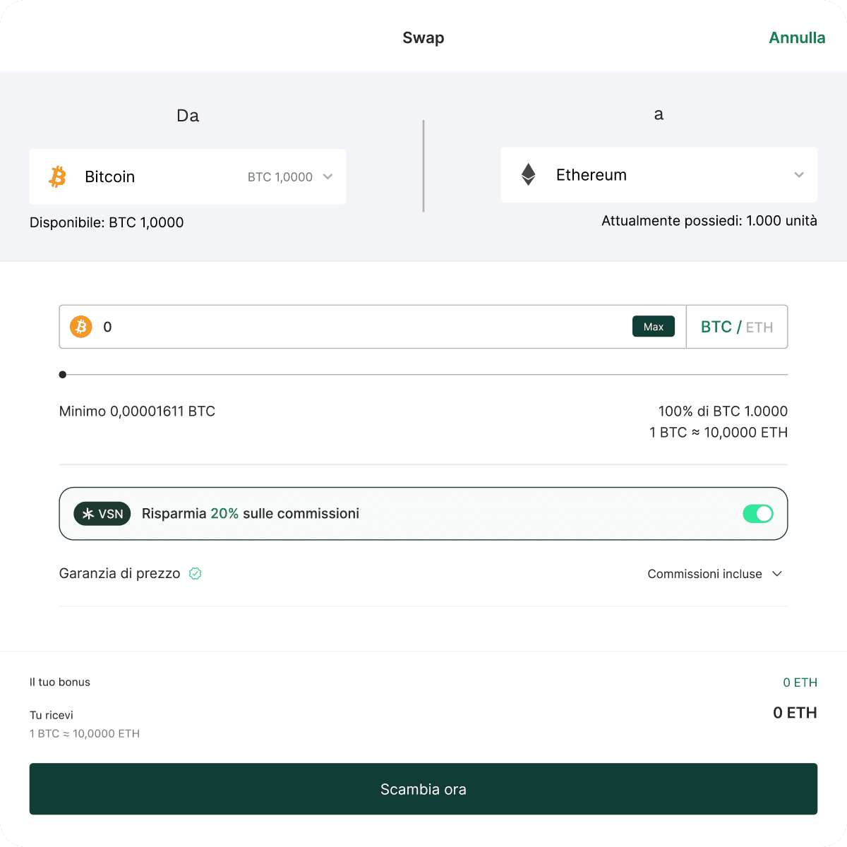 Cryptocurrency swap interface showing exchange from Bitcoin to Ethereum, with fields for amount and exchange rate details.