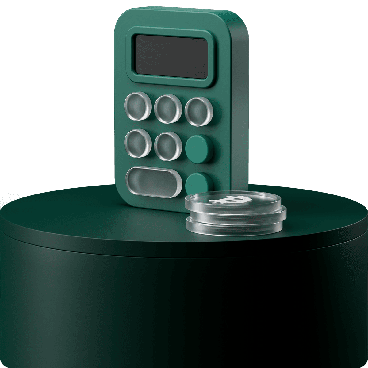 A green, rectangular device with a screen and buttons on a dark green cylindrical platform, next to a small stack of transparent discs.