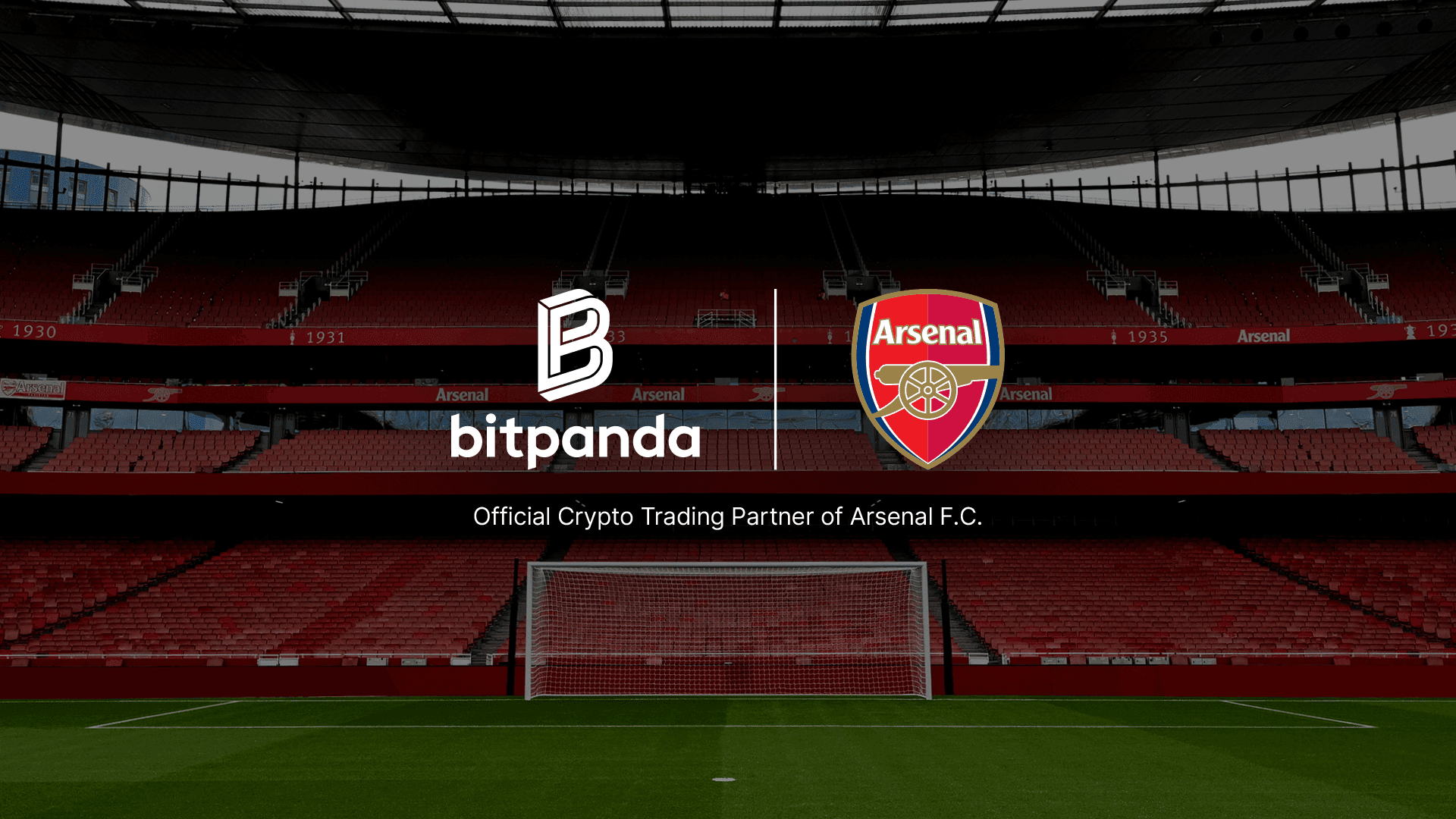 Stadium interior with Bitpanda and Arsenal logos, announcing Bitpanda as the official crypto trading partner of Arsenal F.C.