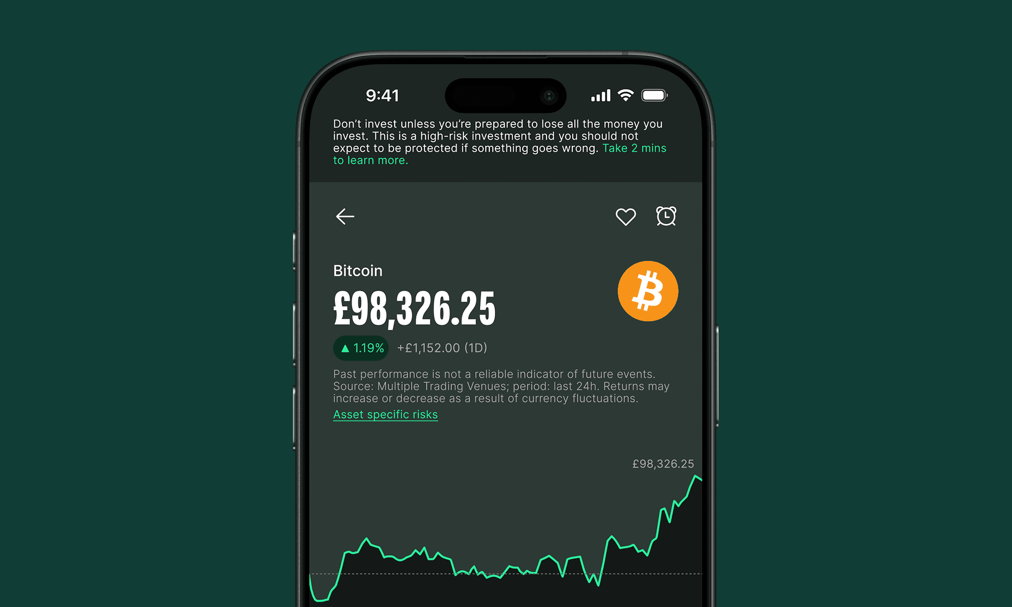 Smartphone displaying a Bitcoin investment app with a balance of £98,326.25, a 1.19% increase. Graph shows upward trend.