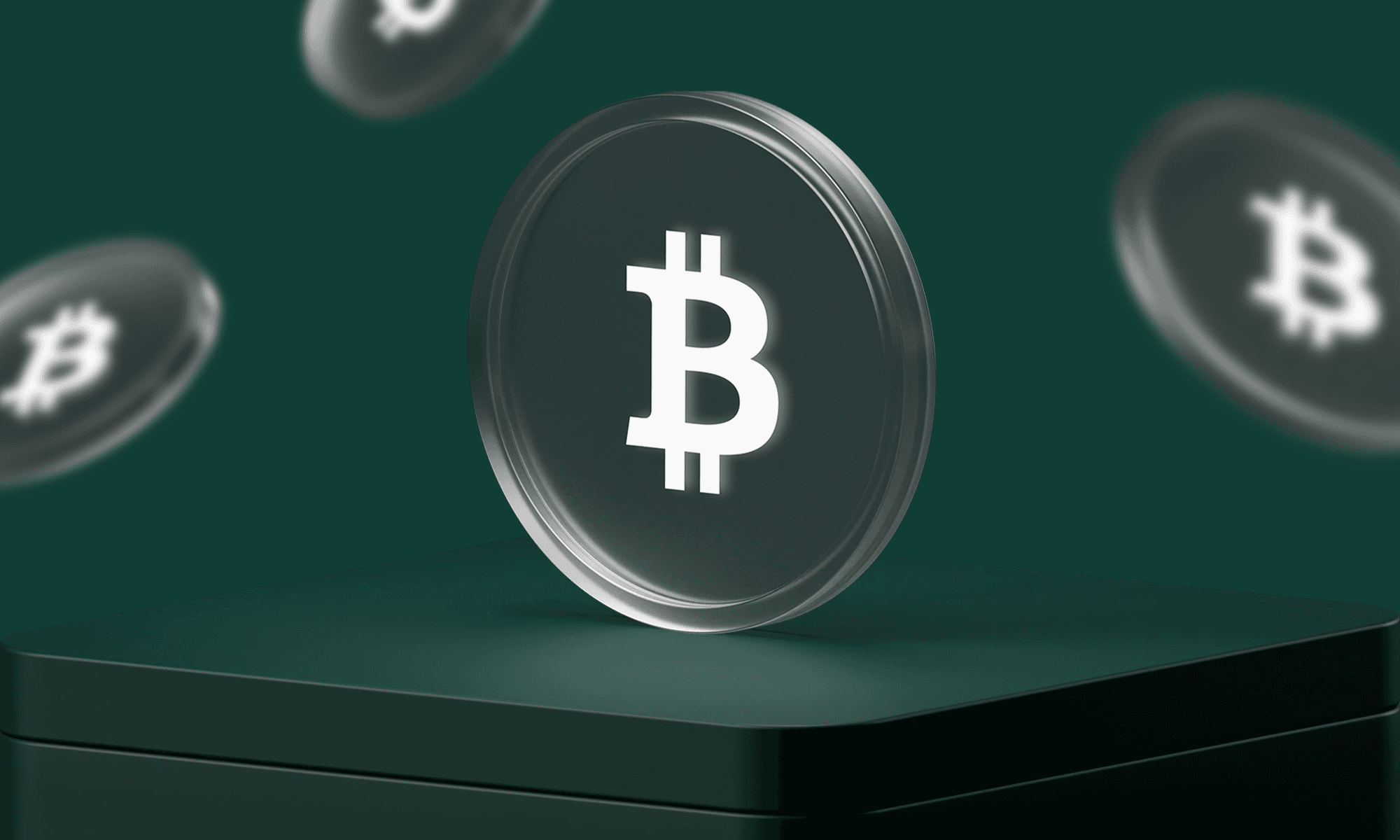 3D-rendered glowing Bitcoin symbol on a transparent coin, floating above a dark green pedestal with blurred coins in the background.