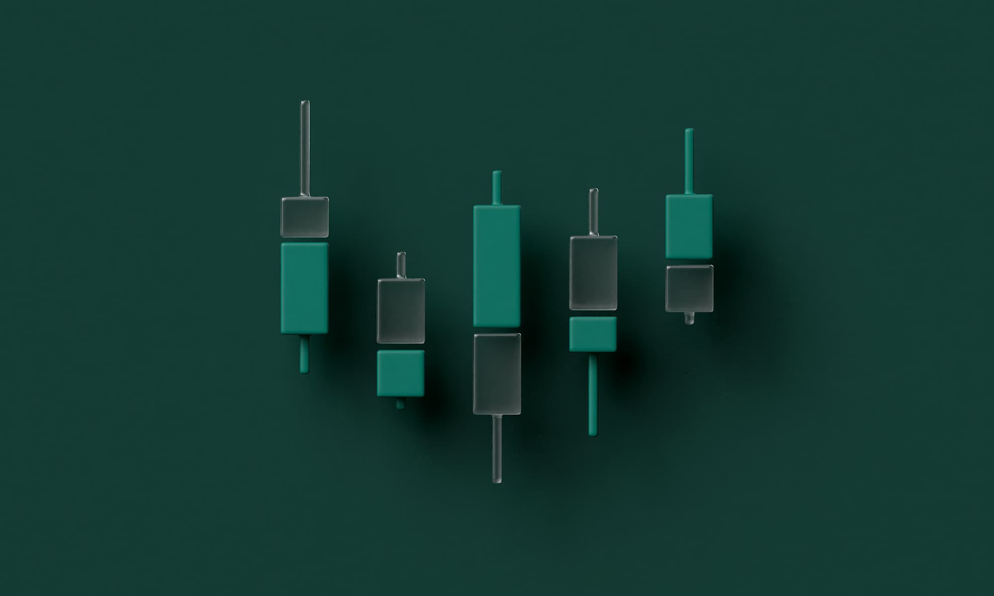Minimalist green and gray candlestick chart icons on a dark green background, symbolizing financial trading data.
