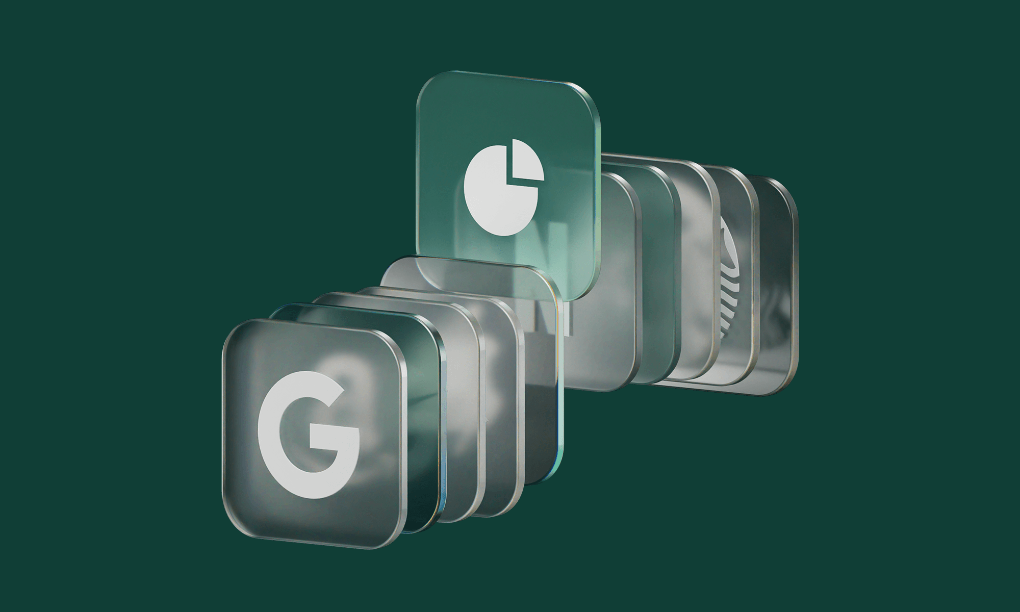 Stack of translucent app icons with various logos, including a 'G', arranged in a 3D effect against a dark green background.