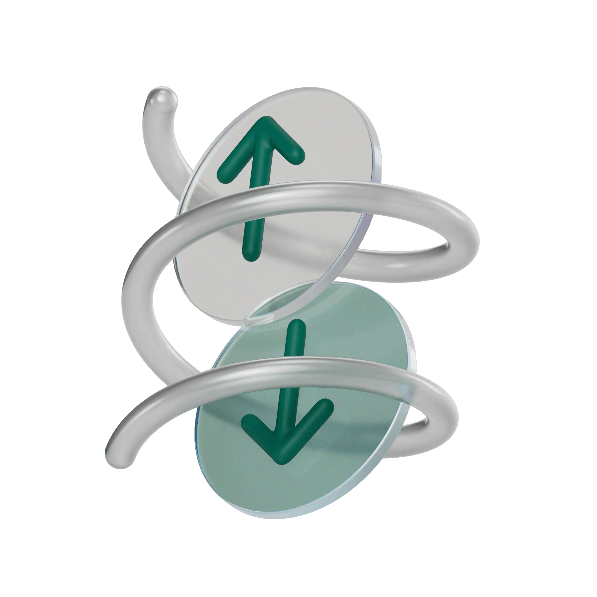 3D illustration of two glass discs with green up and down arrows, wrapped by a metallic spiral on a light gray background.