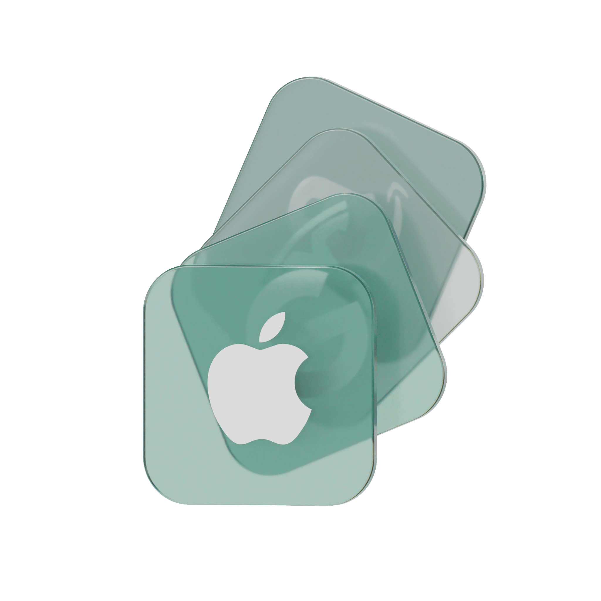 Overlapping translucent teal app icons featuring a white apple logo on a light gray background.
